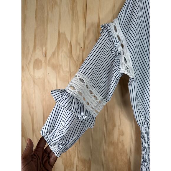 Central Park West Claudia Smocked Waist Boho Chic Blue White Stripe Dress Small - Picture 7 of 10